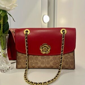 ♥️Rare True Red Coach Parker purse in brown canvas Tea Rose Turnlock